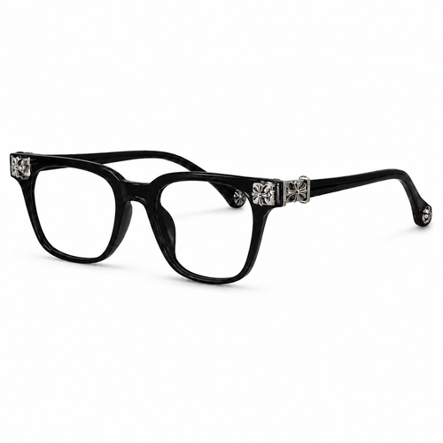 Clearix Noir Silver Cross black fashion glasses with silver temple detail